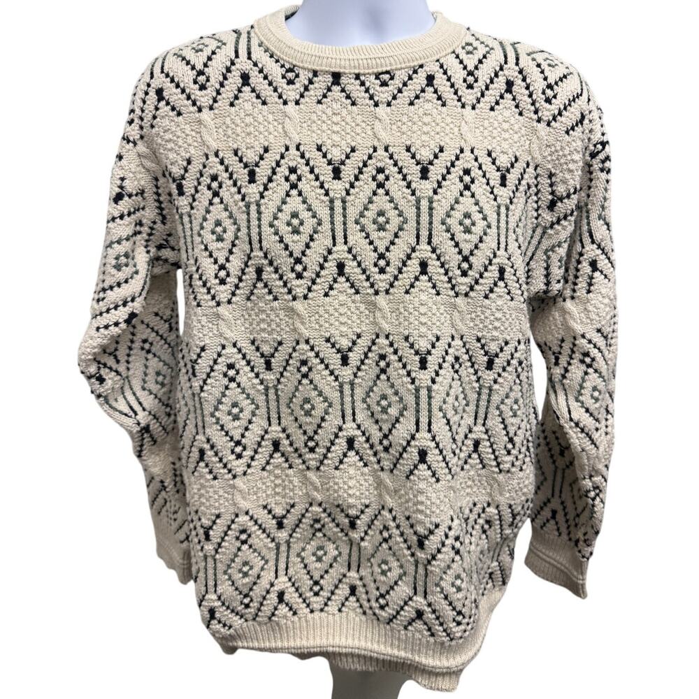 VTG 80s SteepleChase Cream Knit Chunky Hand Framed USA Made Sweater Men's L